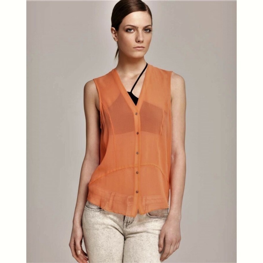Helmut Lang Orange Brushed Silk Semi Sheer Sleeveless Button Down Blouse Size S